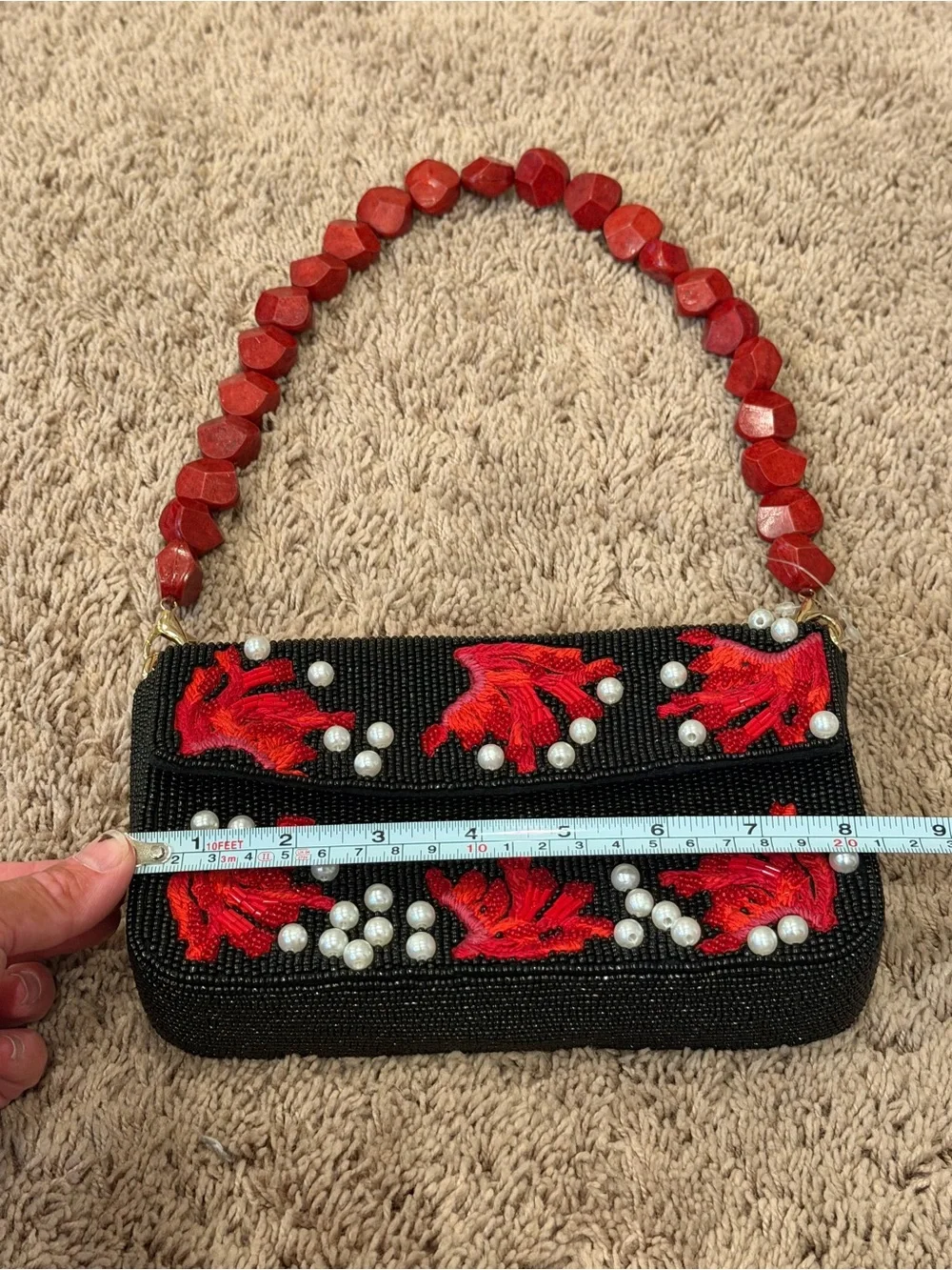 New Beaded shoulder Bag black with red coral white stone handle purse embroidery